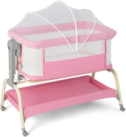 4-in-1 Baby Bedside Crib with Adjustable Height, Mosquito Net & Storage Pink