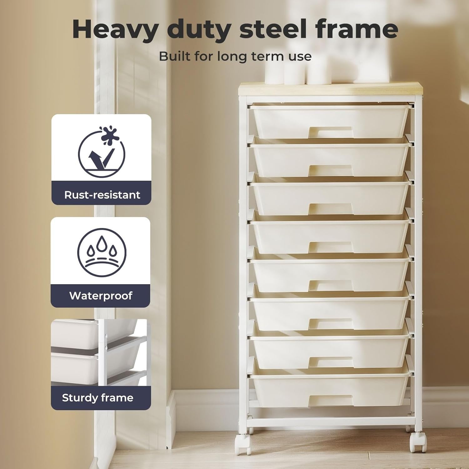 8 Drawer Rolling Storage Trolley Utility Cart Wooden Top White Wheels