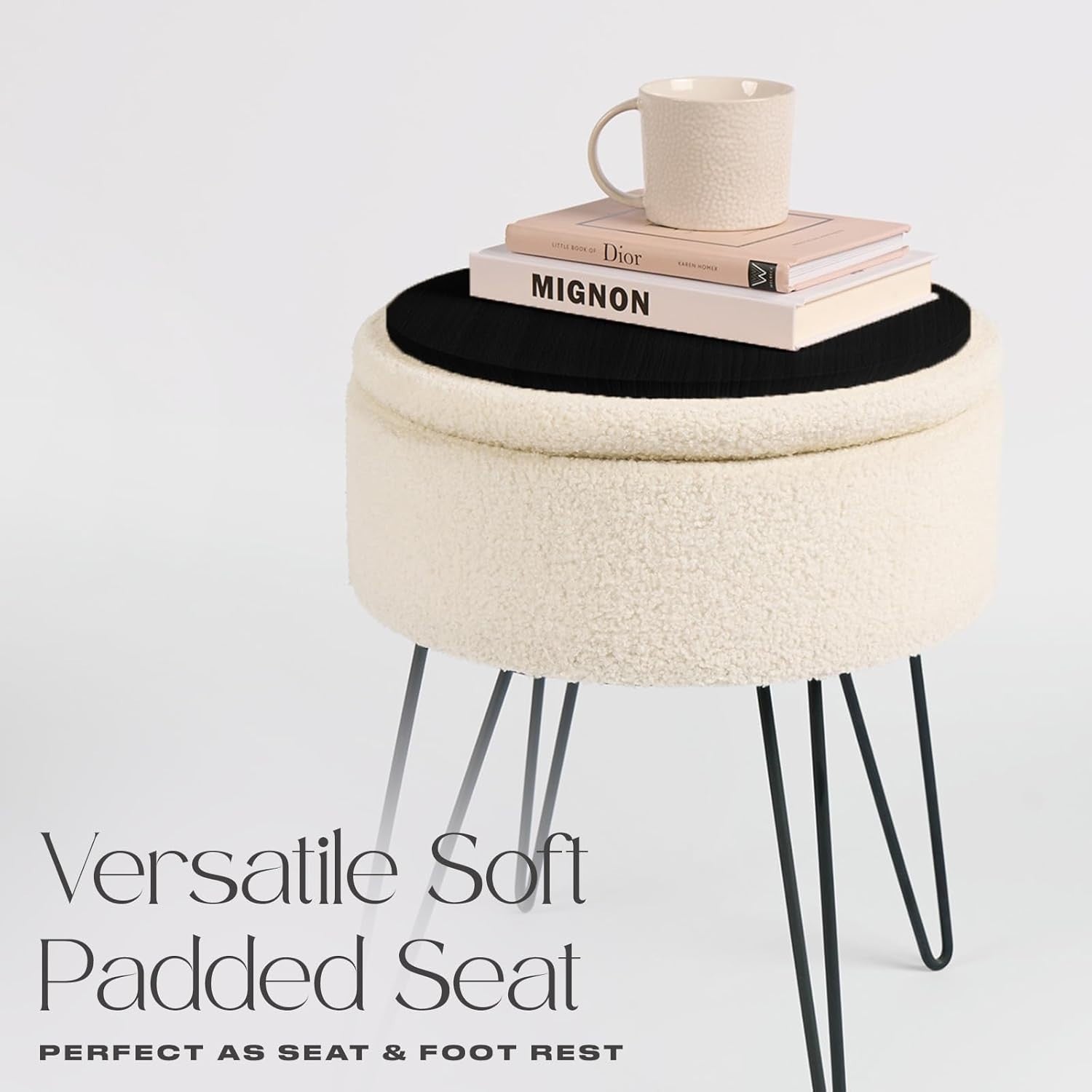 Cream Bouclé Storage Footstool Round Vanity Stool Hairpin Leg Ottoman