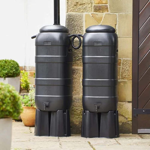 2x 100L Slim Line Rainwater Butts With Stands & Filler Kits Black