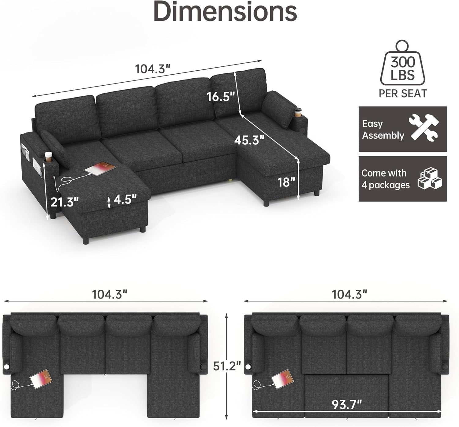 Dark Gray U-Shaped Sofa Bed with Storage, USB Ports, Cup Holders, Sleeper Couch