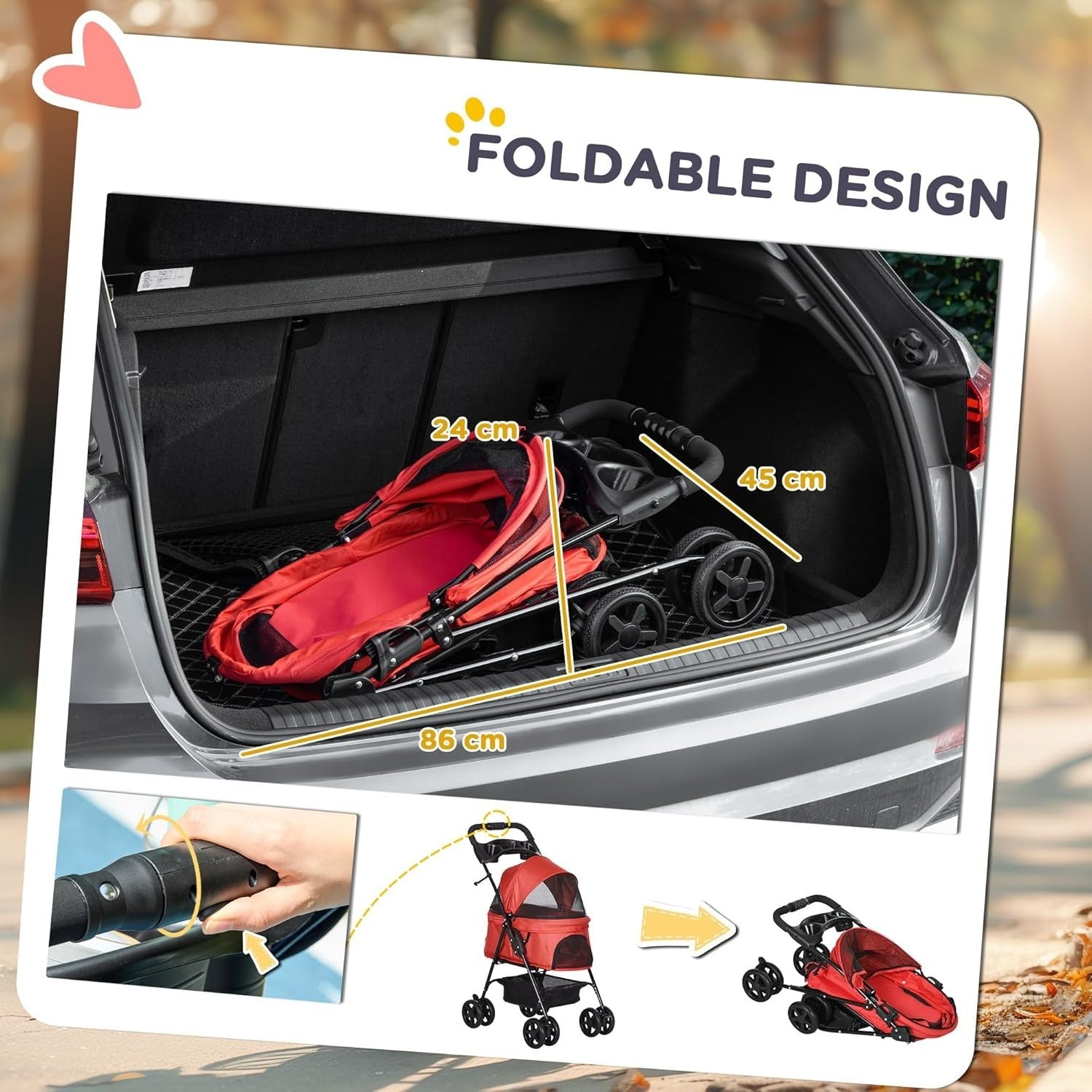 Foldable Pet Stroller Dog Pushchair with Brake Basket Canopy Red