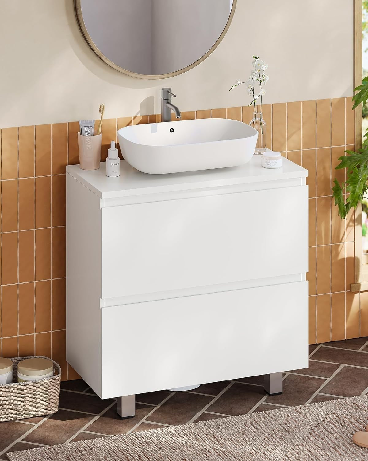 Under Sink Bathroom Cabinet White 60cm Storage Unit with 2 Drawers & Shelf