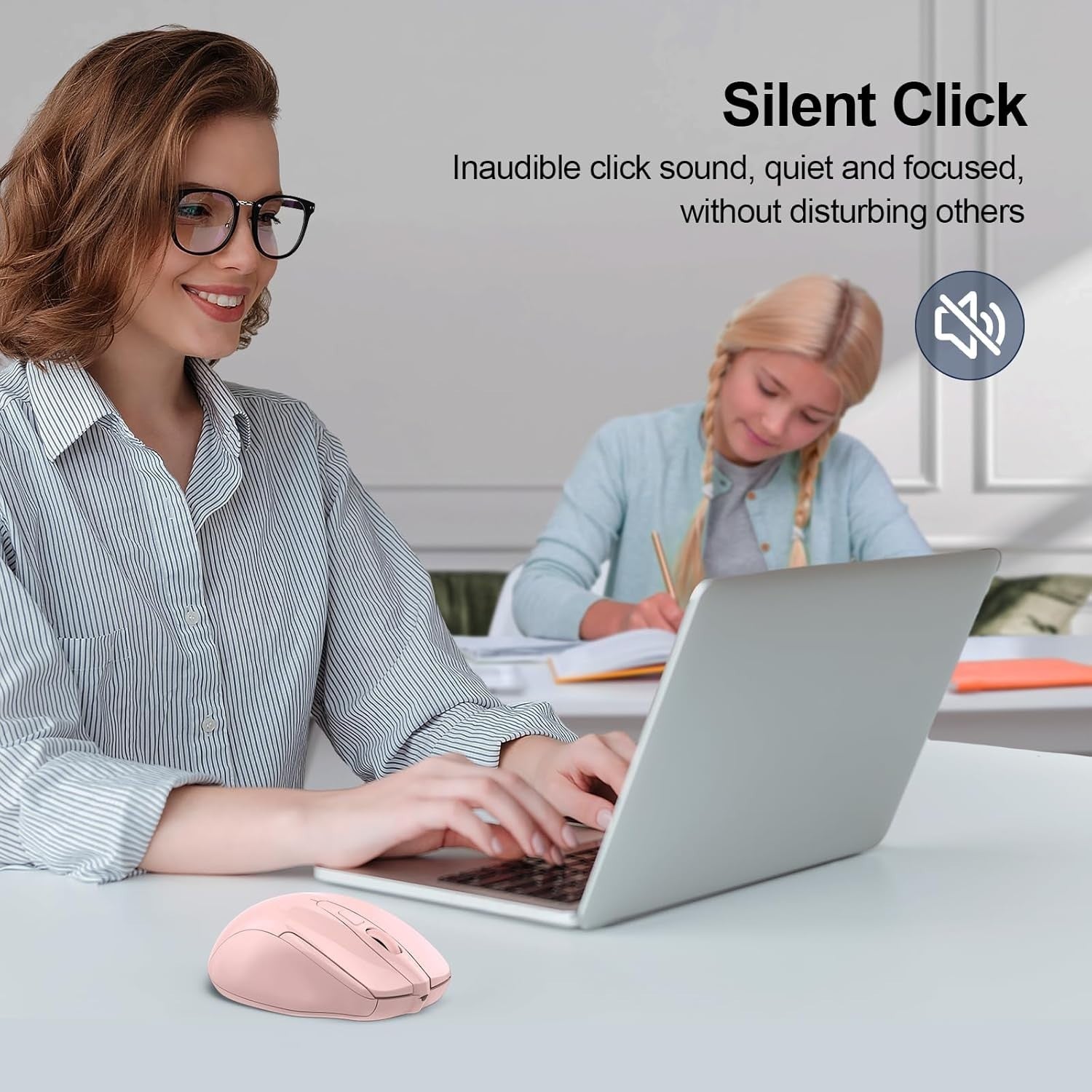 Pink Silent Bluetooth Mouse 4800DPI Rechargeable Ergonomic Laptop Office PC
