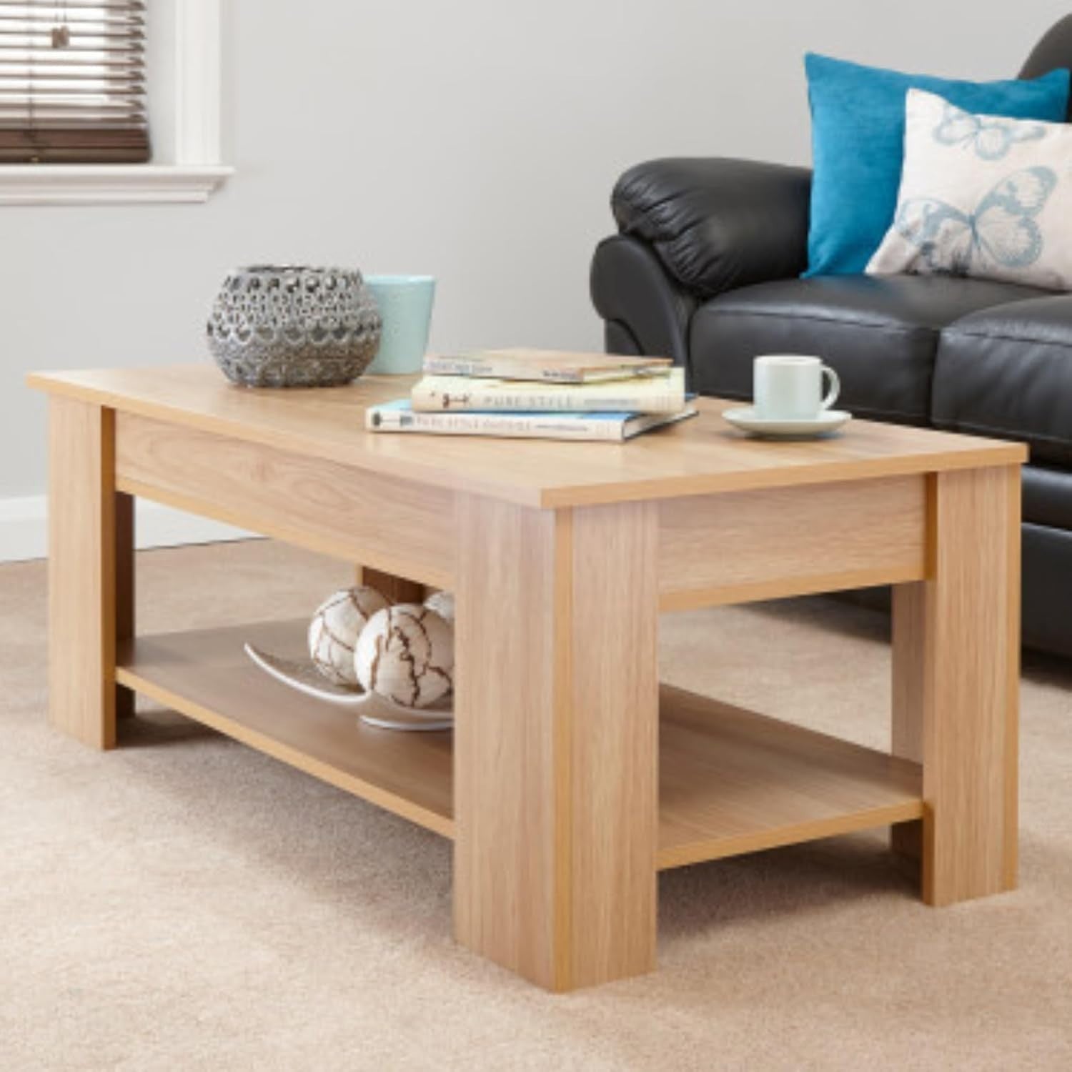 Lift Top Coffee Table with Hidden Storage & Shelf | Oak Wood Effect Modern