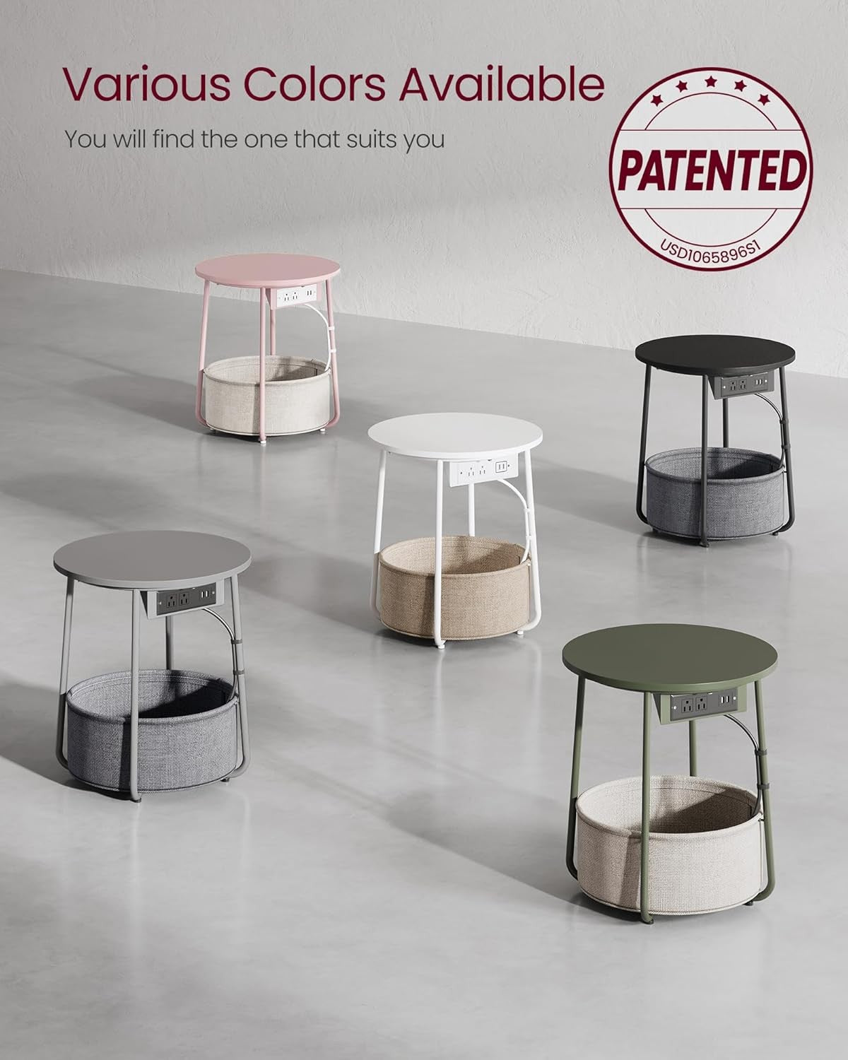 Grey Round Bedside Table with Charging Station & Fabric Basket Storage