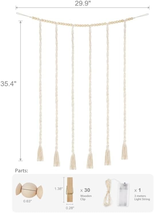 Boho Macrame Photo Display with Fairy Lights 30 Clips White
