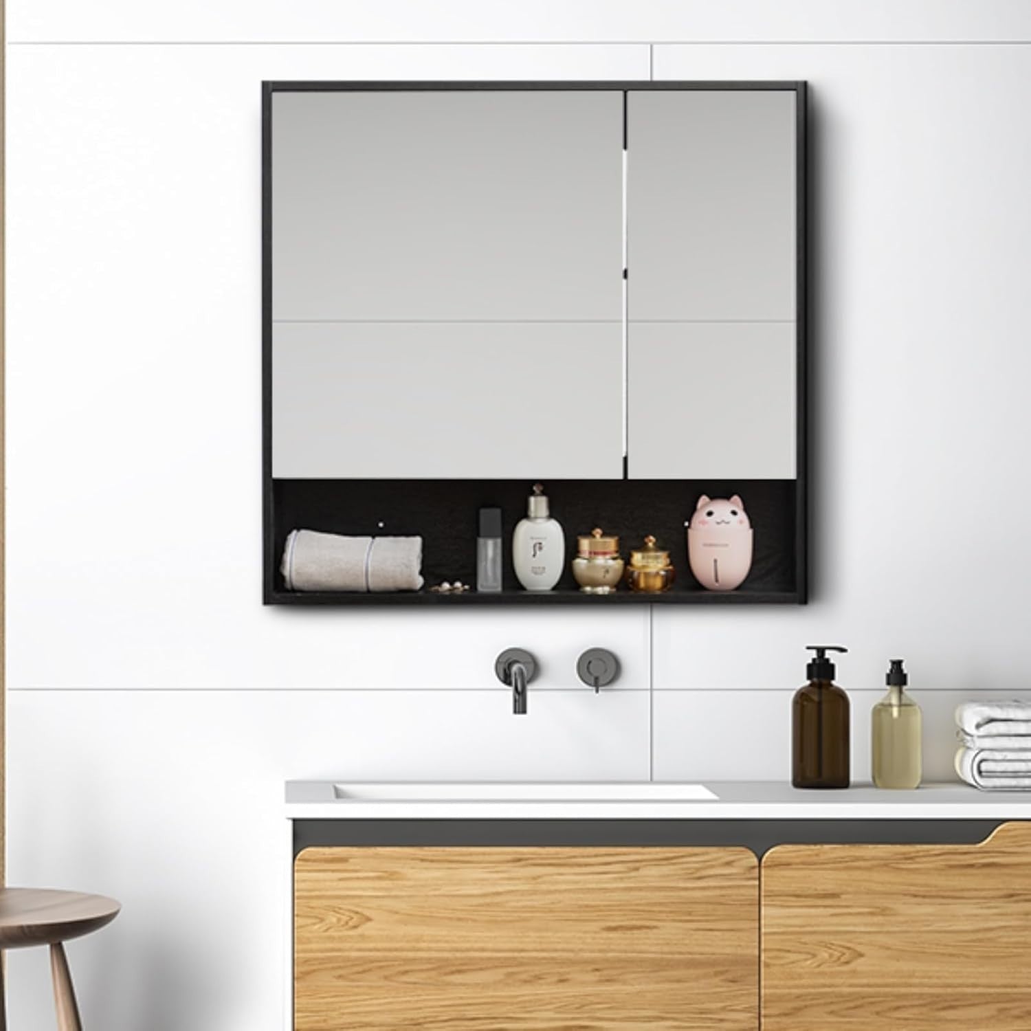 Wall Mounted Bathroom Mirror Cabinet 78x75cm Double Door Shelf Storage