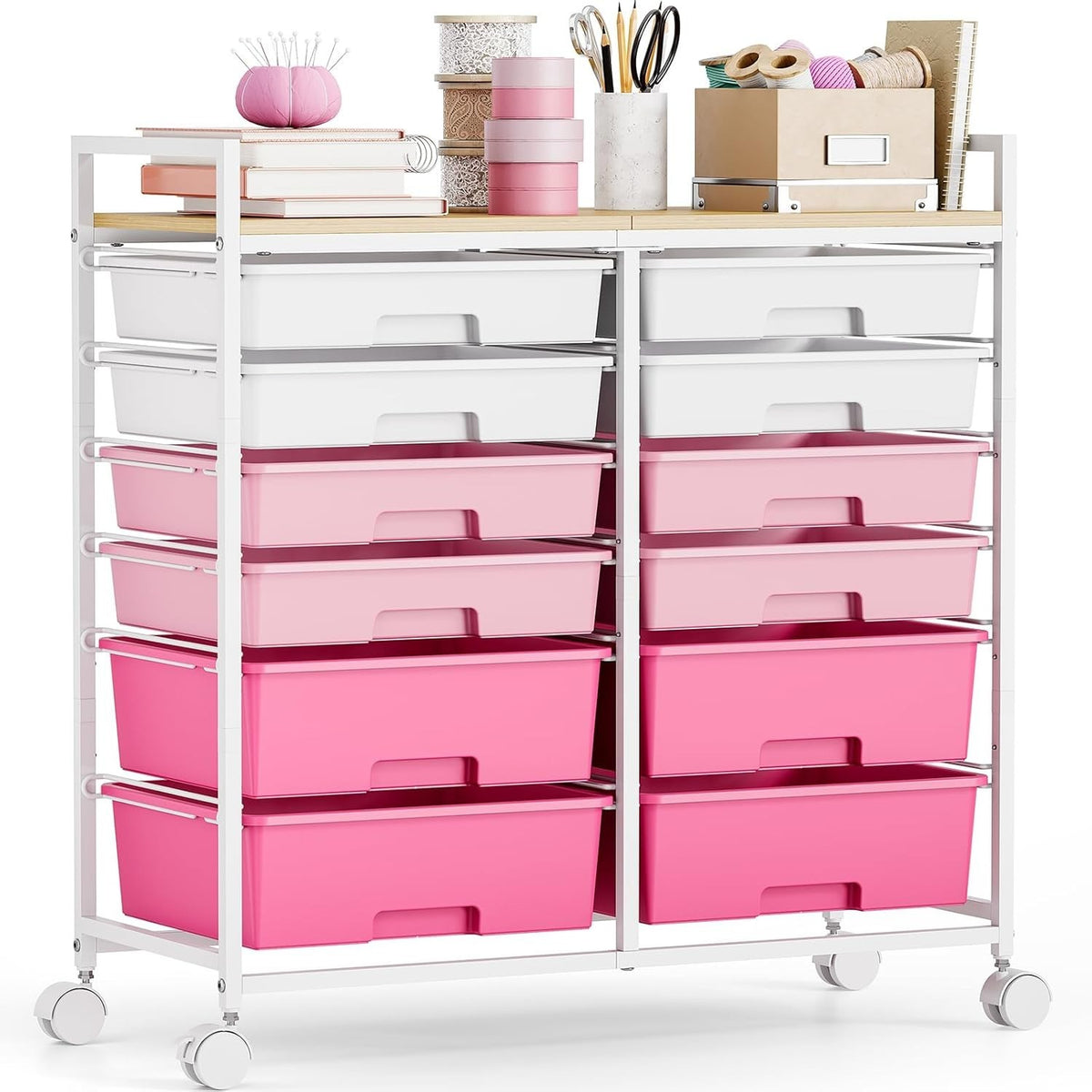 12 Drawer Rolling Storage Cart Makeup Craft Organizer Trolley Pink