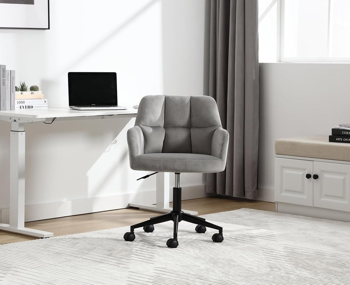 Swivel Office Chair Grey Velvet Desk Chair Modern Grid Back Home Study Seating