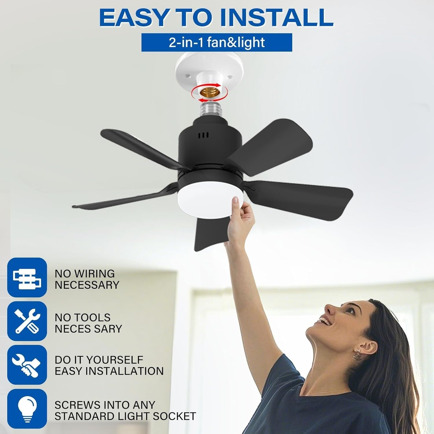 Black Ceiling Fan Light, Dimmable E26/E27, 5 Blades, 3 Colors, Remote & App