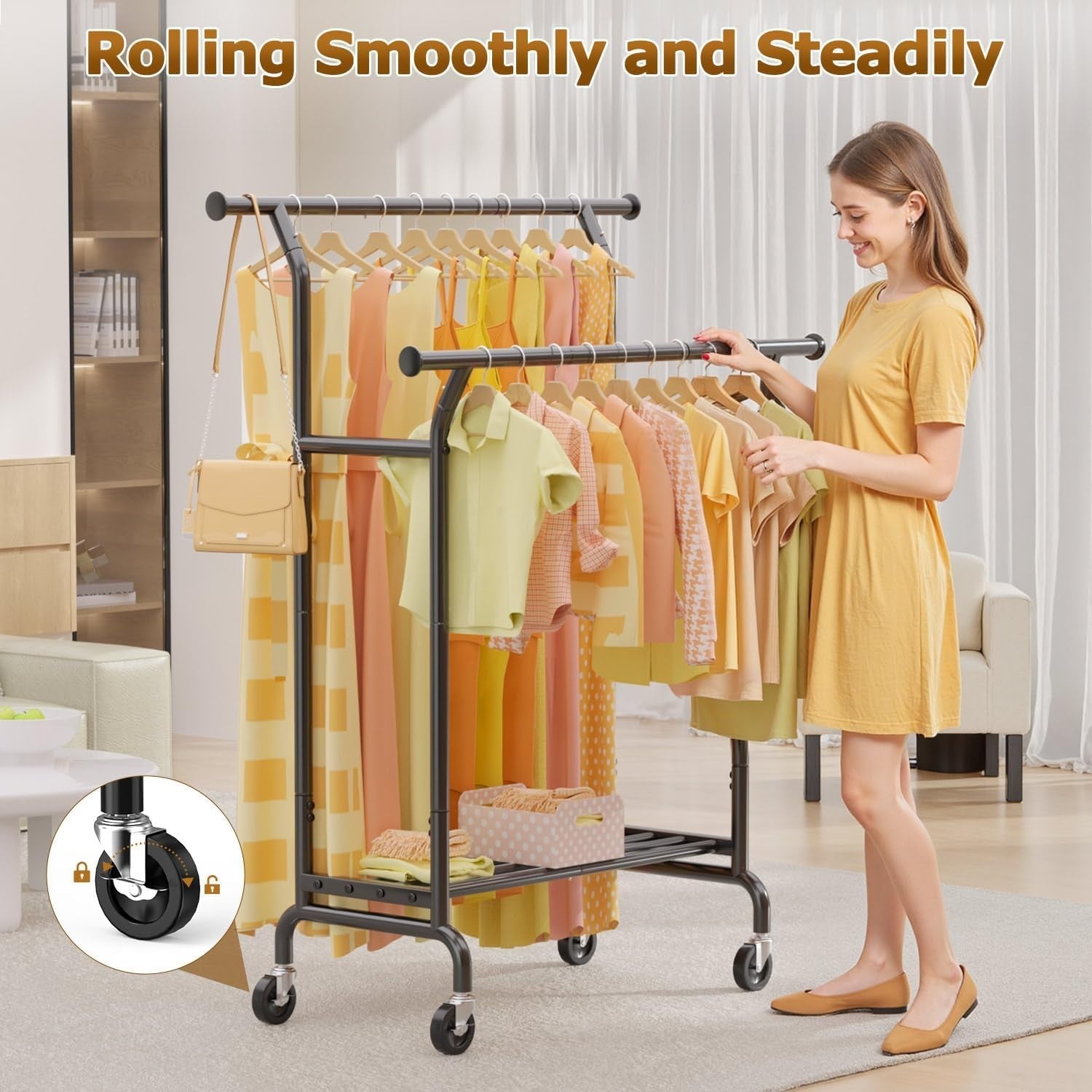 Heavy Duty Double Clothes Rail with Shelves & Wheels – Black