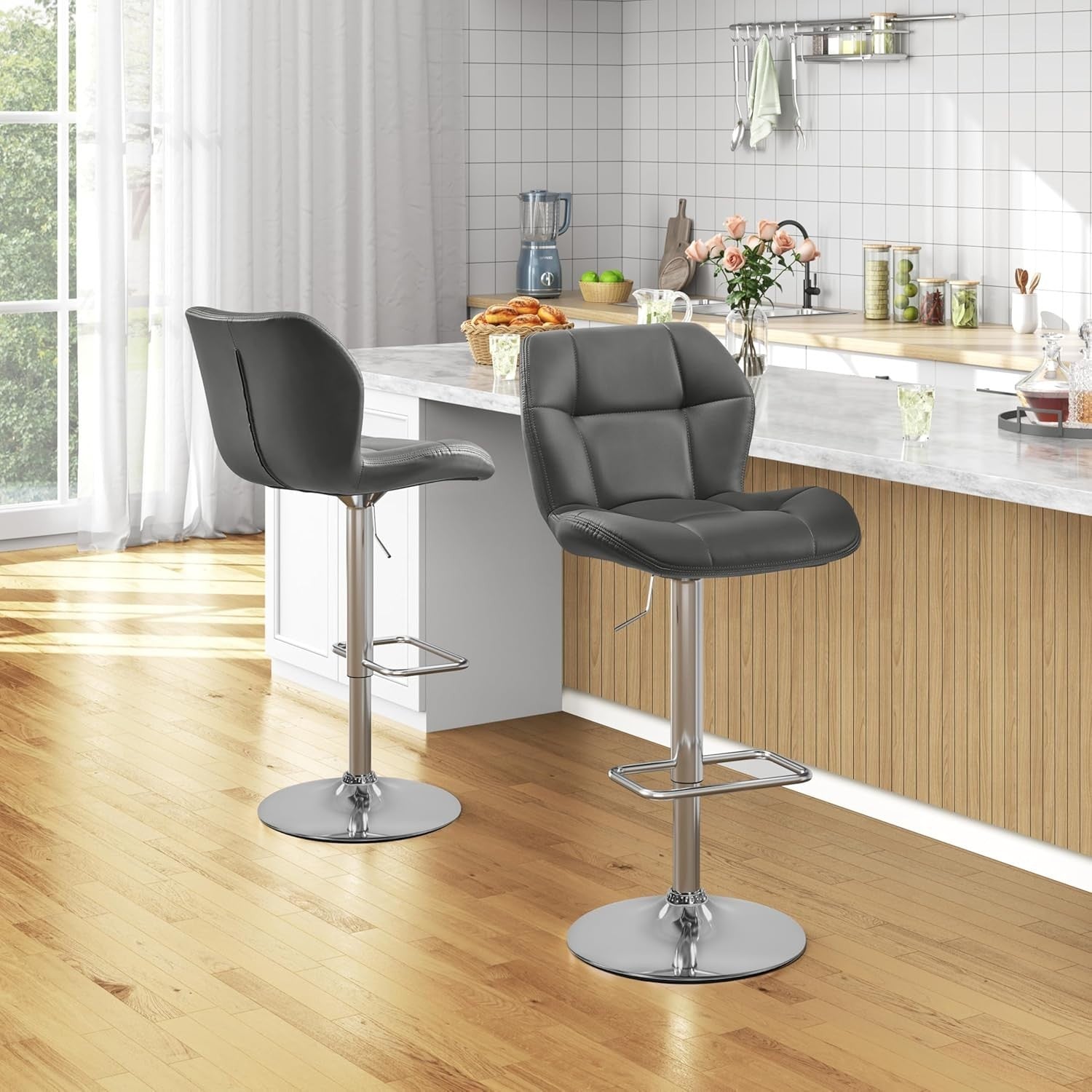 Adjustable PU Leather Bar Stools Set of 2 – Swivel Counter Chairs