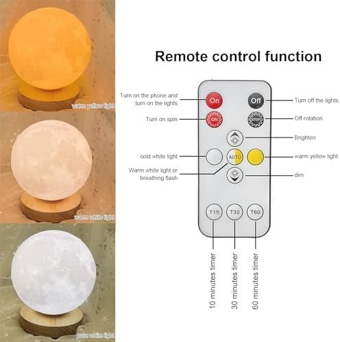 Rotating Moon Lamp, 3-Color Adjustable LED Night Light with Remote & Timer