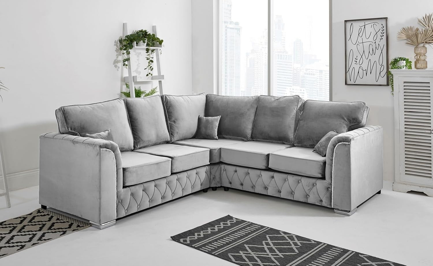 Silver Plush Velvet 5-Seater Corner Sofa – Fullback & Button Detail