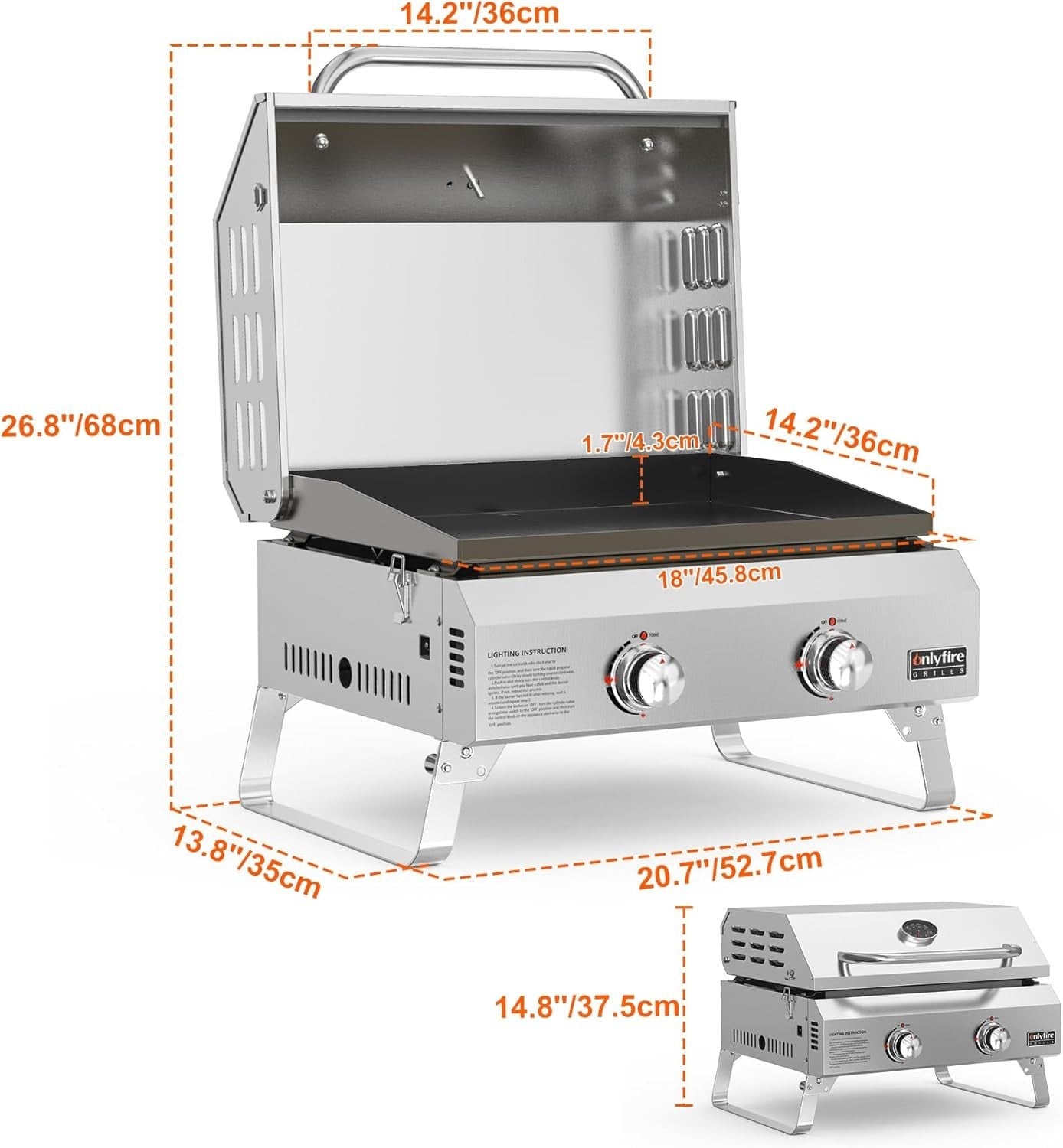 Portable 2 Burner Gas BBQ Plancha Grill with Lid & Thermometer | Tabletop
