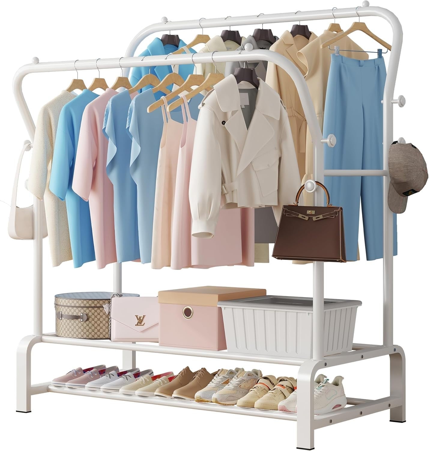 Heavy Duty White Metal Clothes Rail Double Rack with Hooks & Shelves