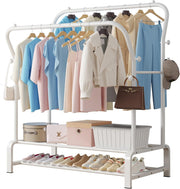 Heavy Duty White Metal Clothes Rail Double Rack with Hooks & Shelves