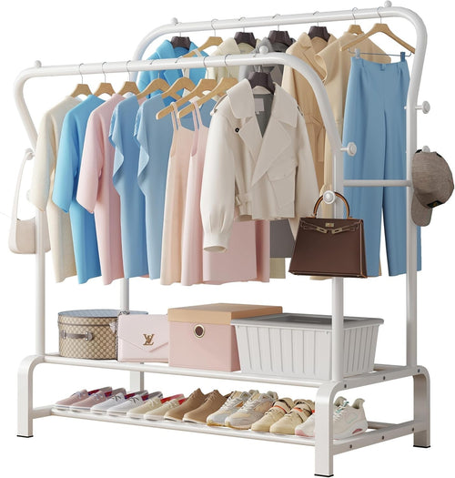 Heavy Duty White Metal Clothes Rail Double Rack with Hooks & Shelves