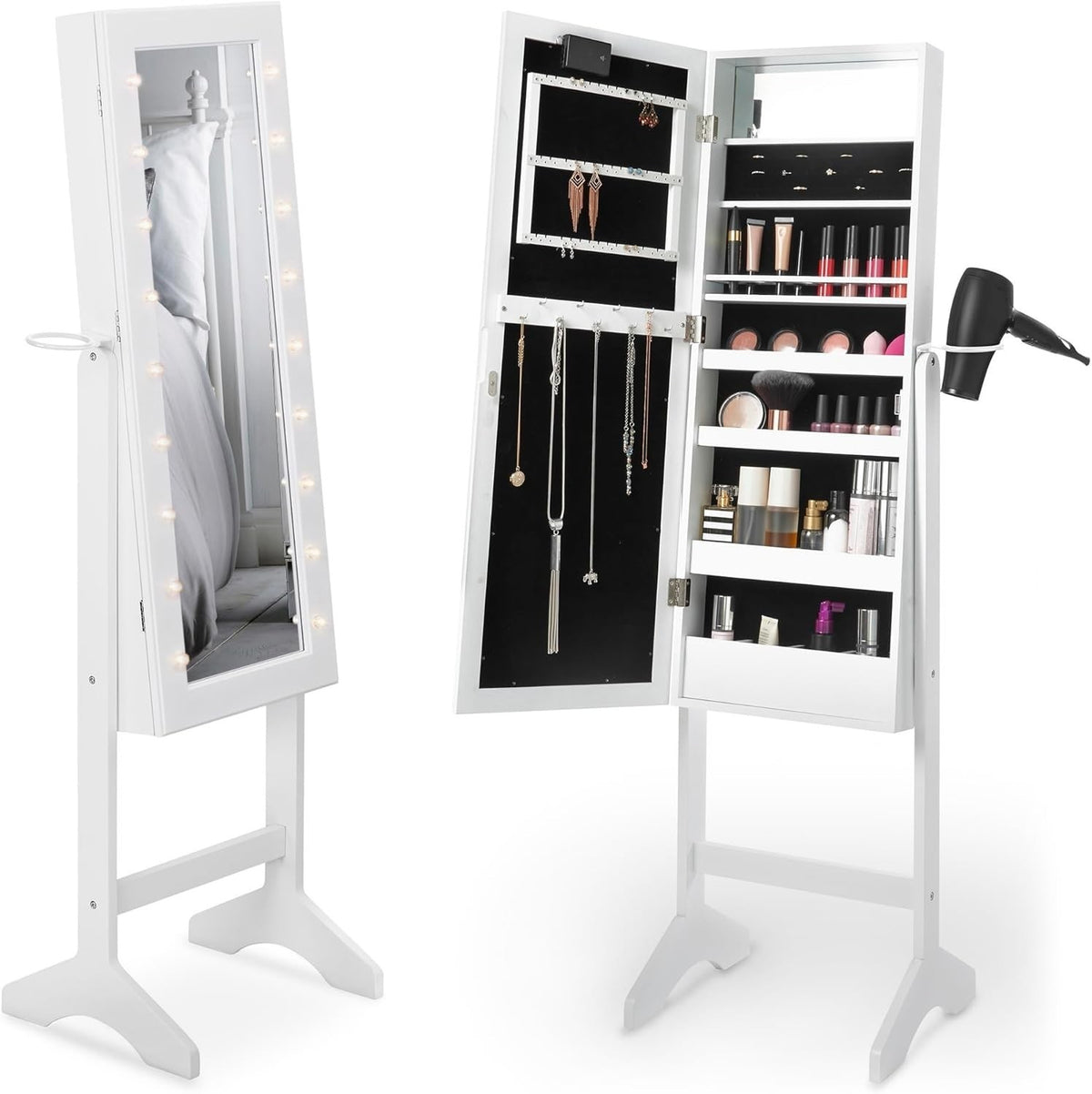 White LED Mirror Jewelry Cabinet Freestanding Tilting Storage Armoire