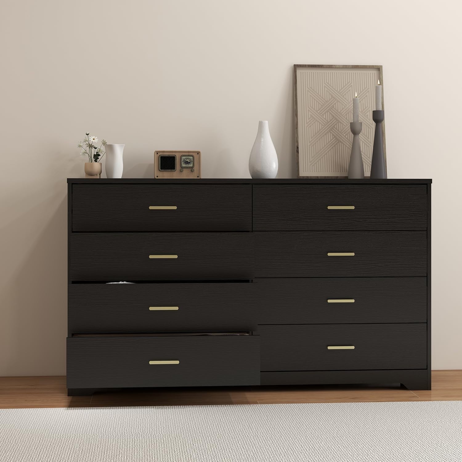 Modern Black Gloss 8-Drawer Wide Storage Chest Bedroom Furniture