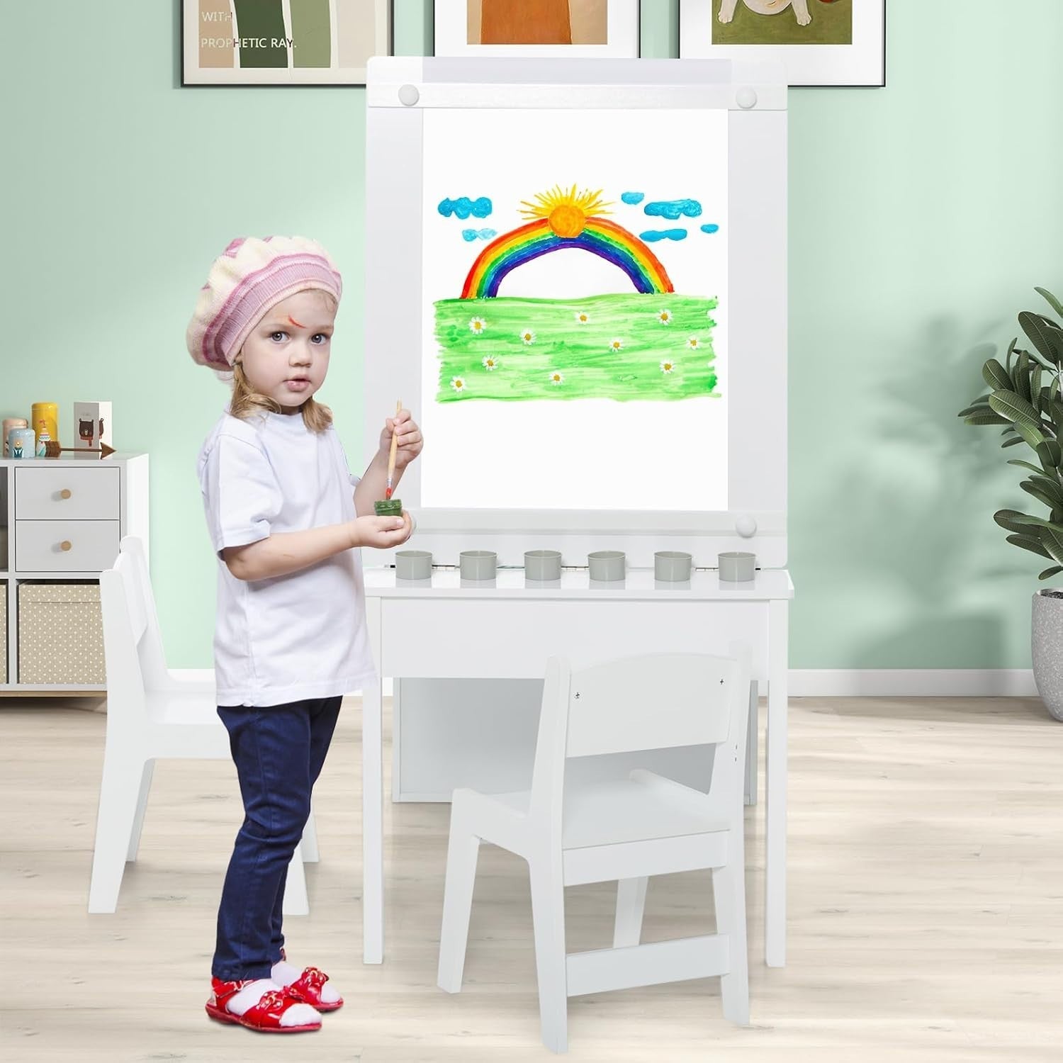 Kids Art Table & 2 Chairs Set with Storage, Paper Roll, 6 Paint Cups 109cm
