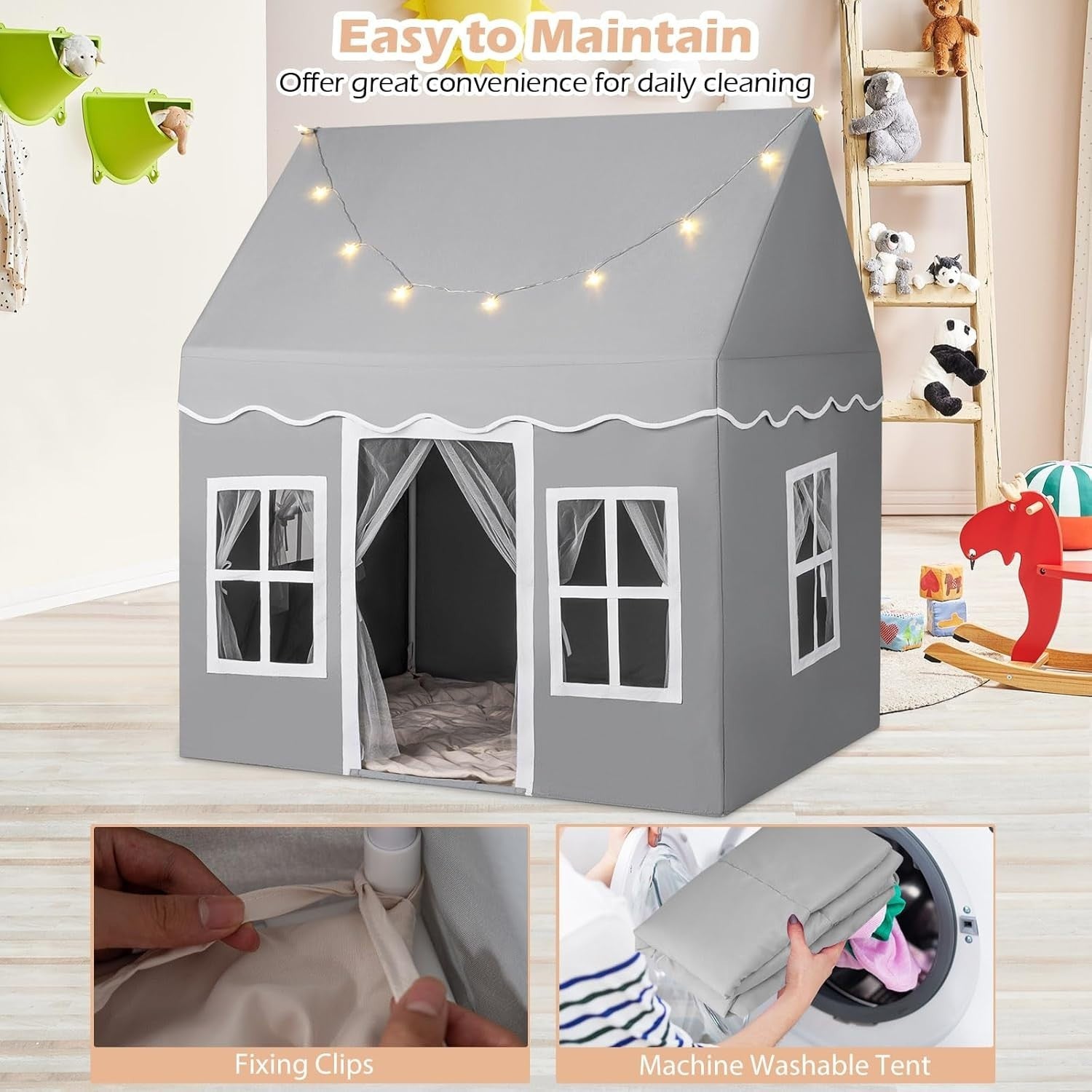 Grey Kids Castle Play Tent Star Lights Large Indoor Fairy House