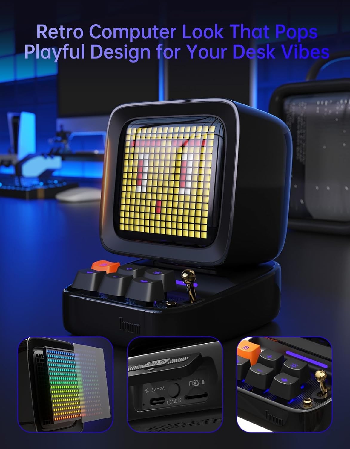 Retro Pixel Art Bluetooth Speaker Alarm Clock RGB LED Screen Black Cube