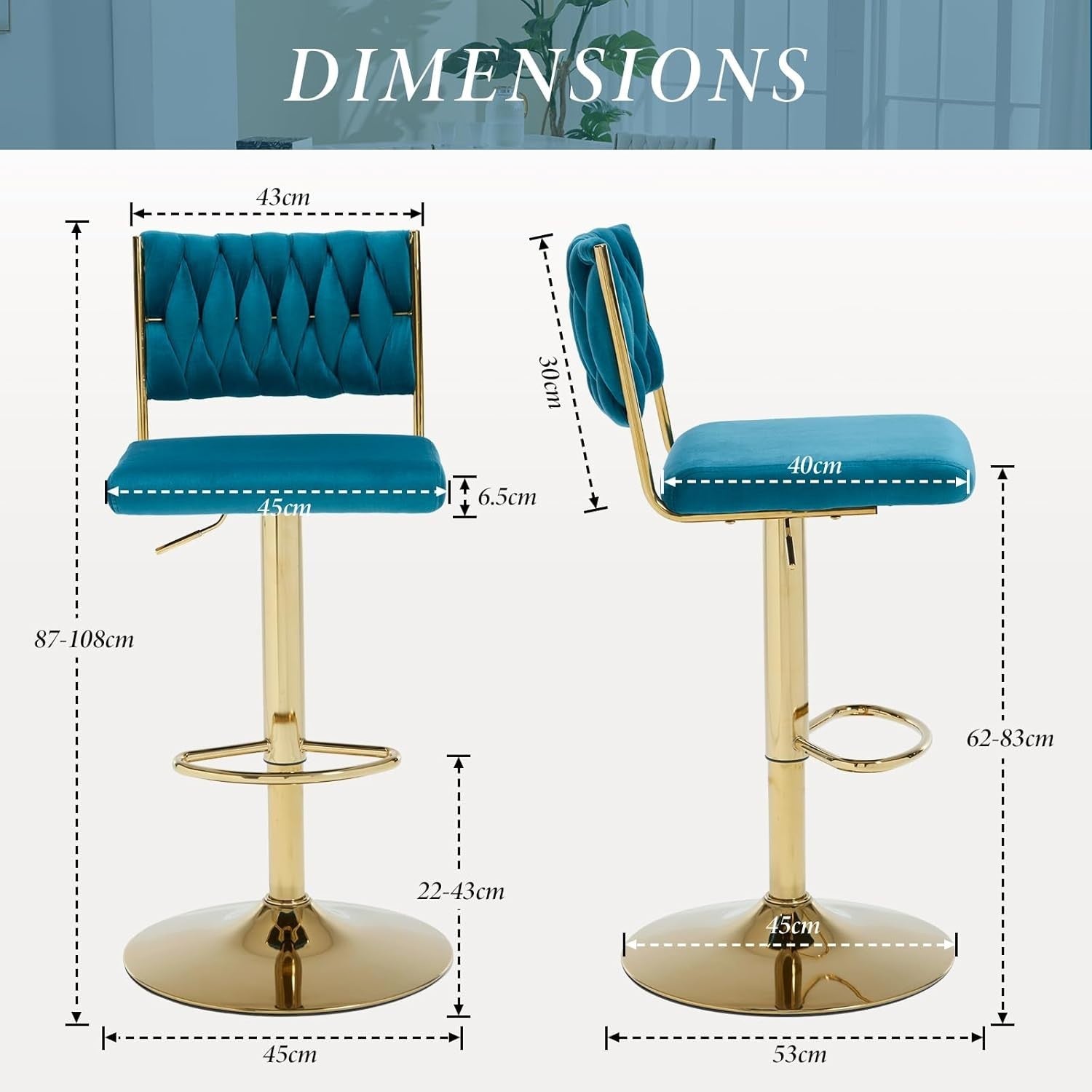 Adjustable Velvet Bar Stools Set of 2 Teal Swivel Counter Chairs