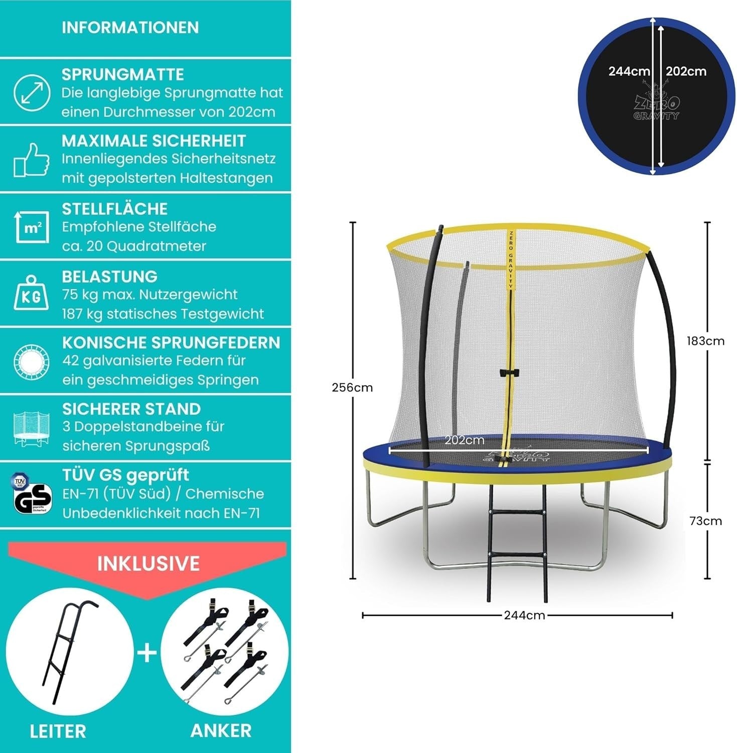 8FT Garden Trampoline Safety Enclosure Ladder PVC Padding Round