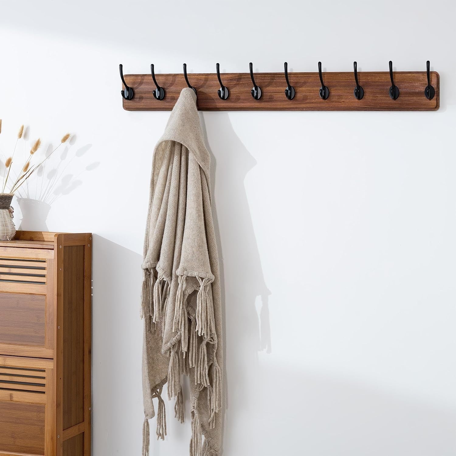 Rustic Solid Wood Wall Mounted Coat Rack with 10 Hooks | Farmhouse Style