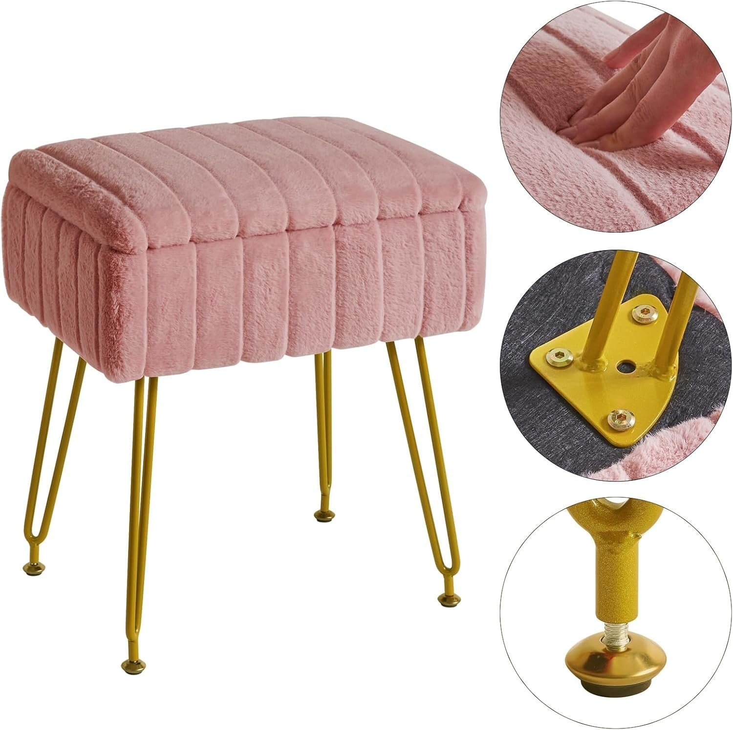 Pink Velvet Storage Footstool with Metal Legs – Rectangular Vanity Stool