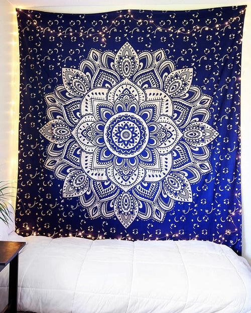 Boho Blue Gold Mandala Tapestry 52x82" Cotton Wall Hanging