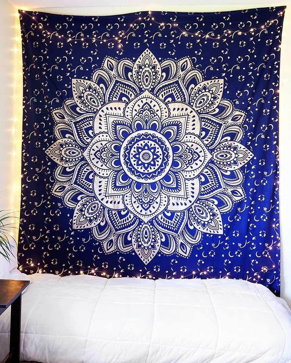 Boho Blue Gold Mandala Tapestry 52x82" Cotton Wall Hanging