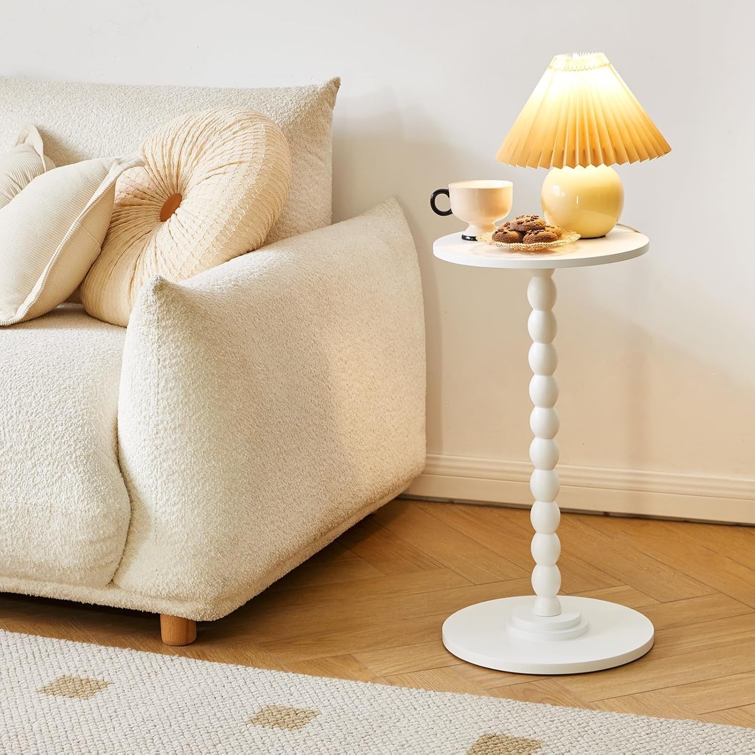 White Round Side Table – Modern Slim Accent Table with Solid Wood Leg for Small