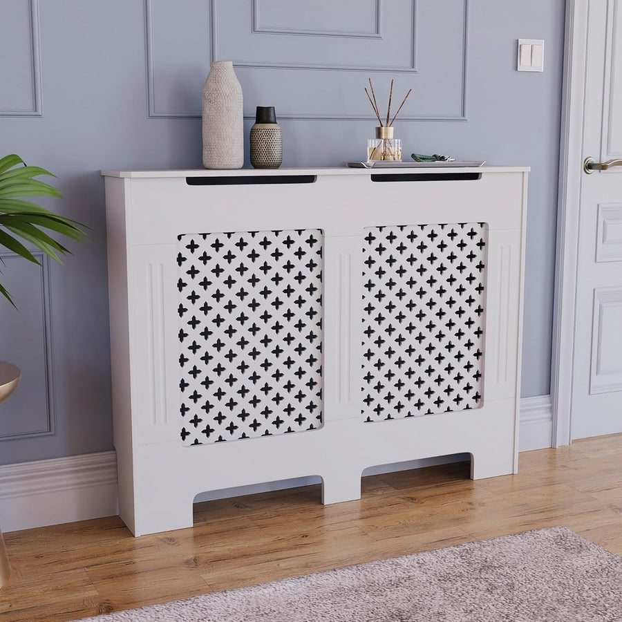 Medium White Radiator Cover | Traditional Cross Pattern MDF Cabinet
