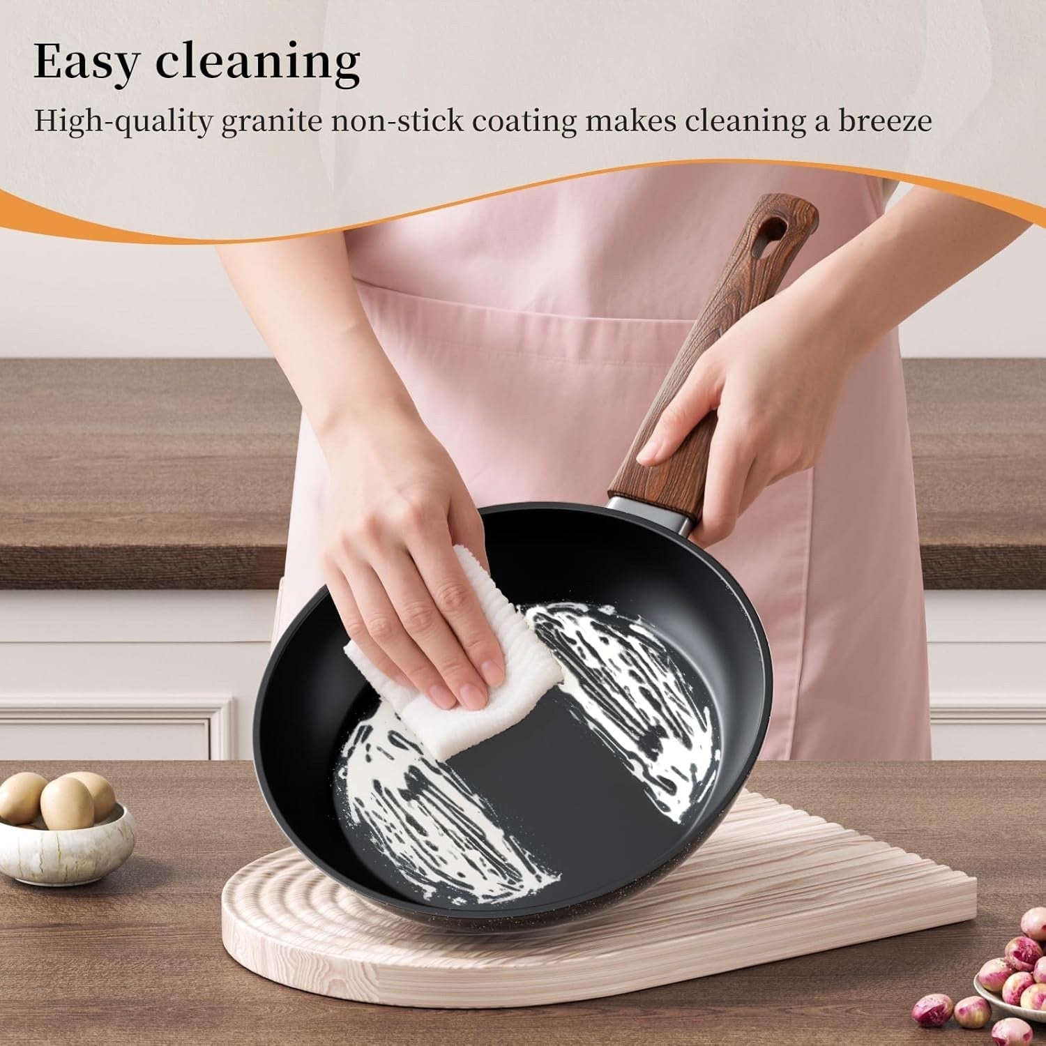 24cm Black Non Stick Frying Pan Induction Ready Granite Coating PFOA-Free