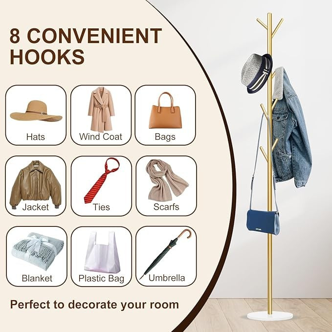 Gold Metal Coat Rack 8 Hooks with Marble Base Freestanding Hall Stand