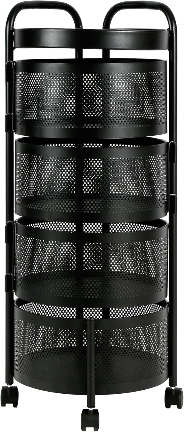 Rotating Fruit Basket Trolley 4 Tier Metal Mesh Kitchen Storage Cart Wheels