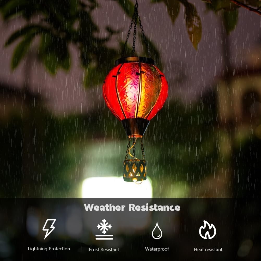 Hot Air Balloon Solar Lantern Flame LED Glass Garden Decor