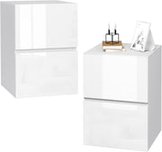Set of 2 White High Gloss Bedside Tables with 2 Drawers Modern Nightstands
