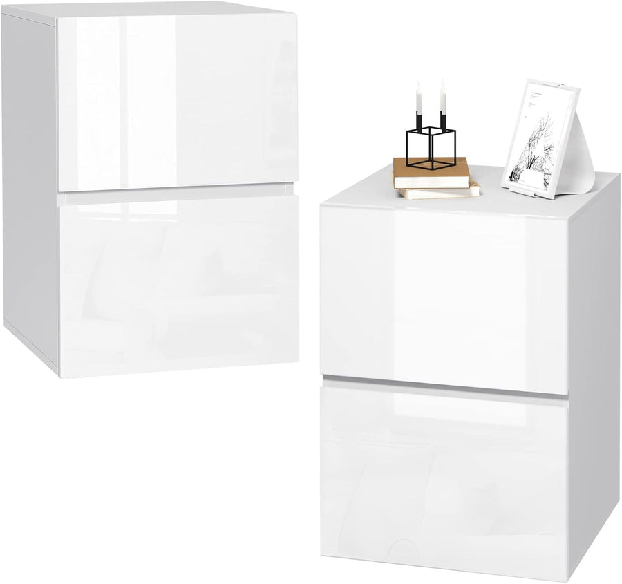 Set of 2 White High Gloss Bedside Tables with 2 Drawers Modern Nightstands