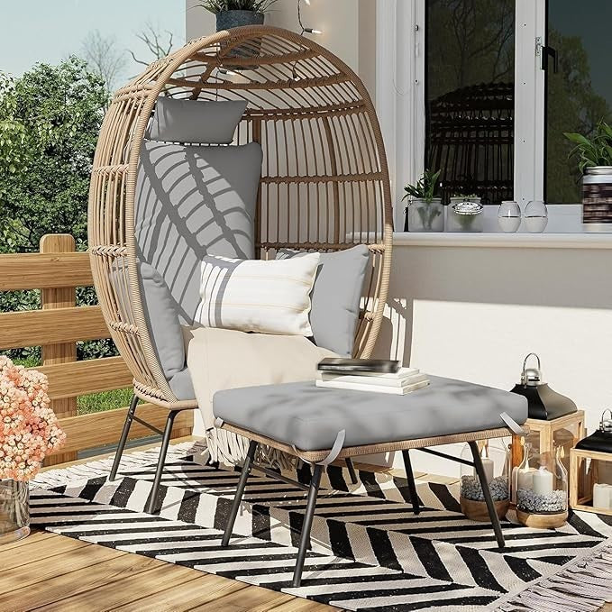 Luxury Rattan Egg Chair with Ottoman Outdoor Indoor Garden Seat Grey Cushion