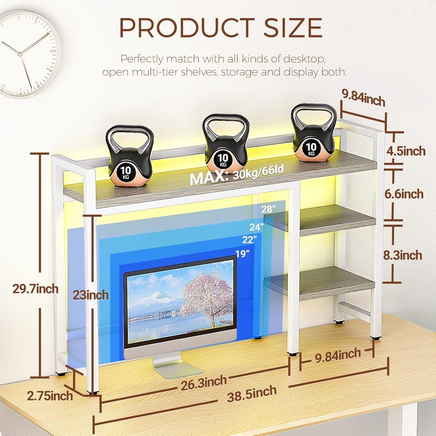 4-Tier Desk Hutch Shelf with RGB Lights 38.5" Desktop Organizer Monitor Storage