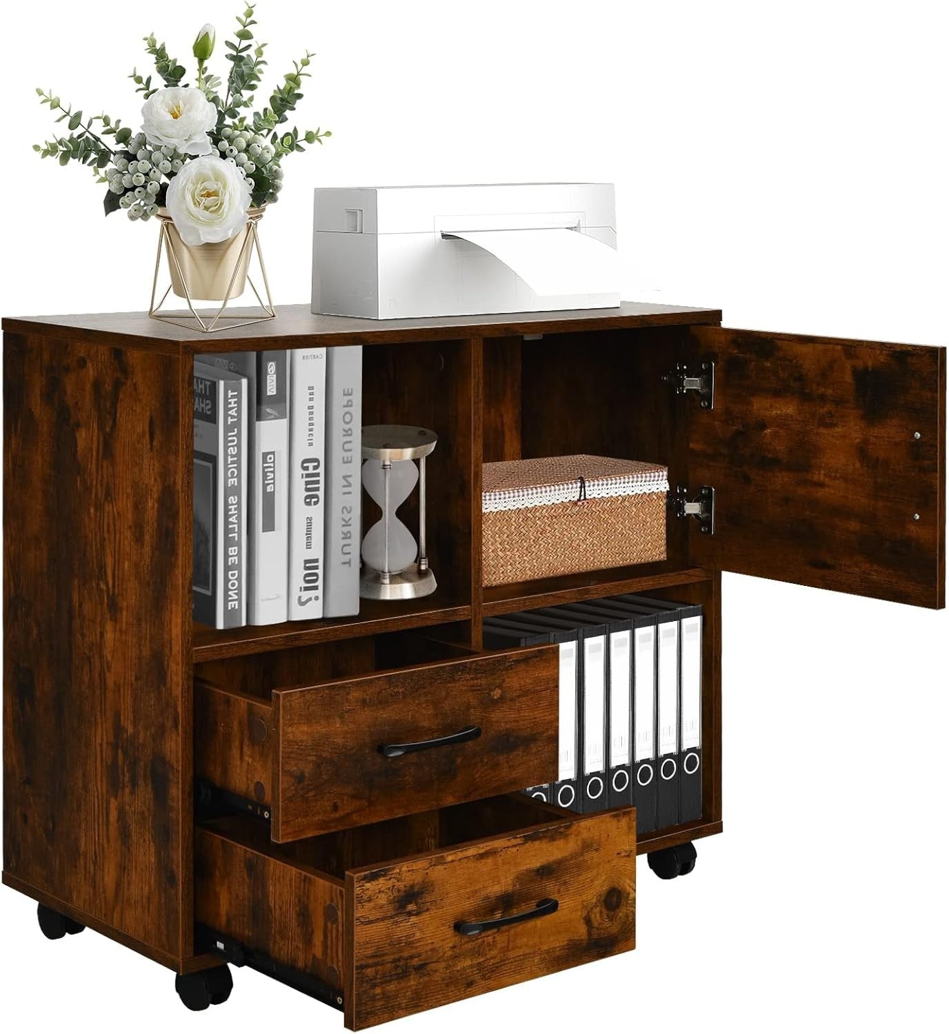 Rustic Brown Mobile File Cabinet 80cm Printer Stand Storage Unit