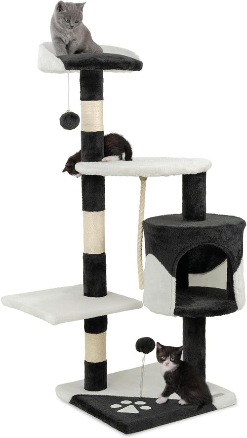 Cat Tree Scratching Post Tower 112cm with Condo Sisal Rope Black White