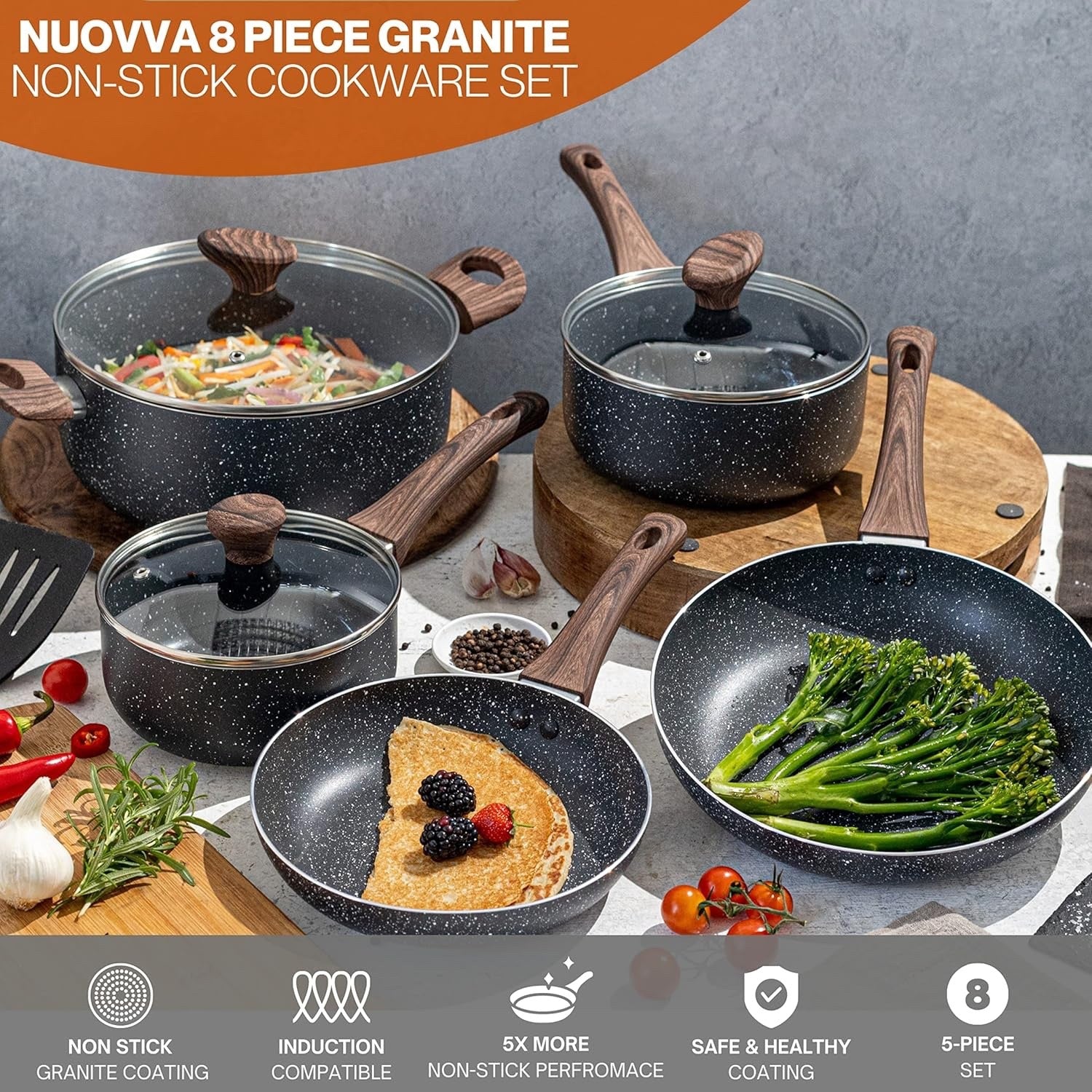8pcs Marble Non Stick Cookware Set with Lids – Induction & Gas Safe Pots