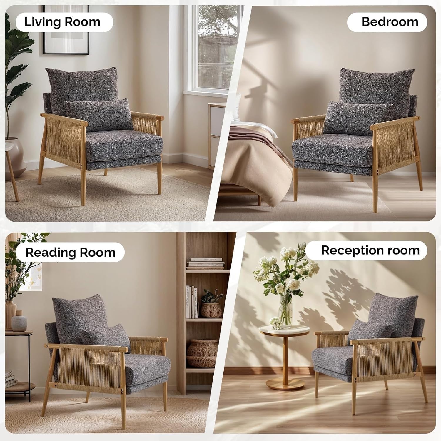 Modern Rattan Accent Armchair With Cushion Wooden Arms Indoor Lounge Chair