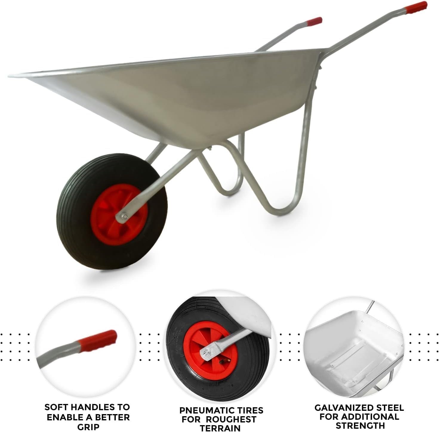 65L Silver Galvanised Wheelbarrow – Pneumatic Tyre Steel Frame for 100kg Loads
