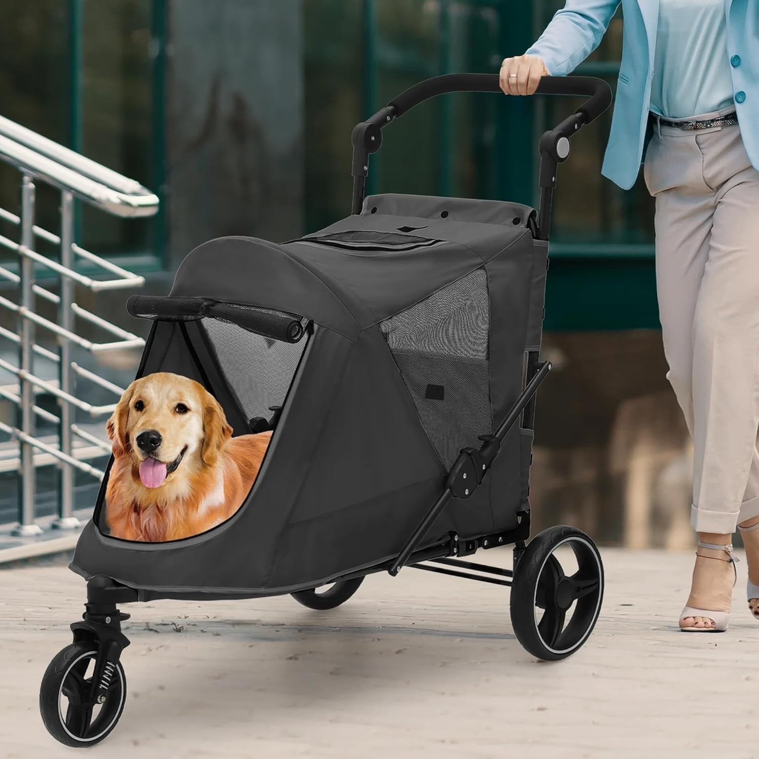 3 Wheel Dog Stroller Pushchair Foldable Pet Pram 30kg Black